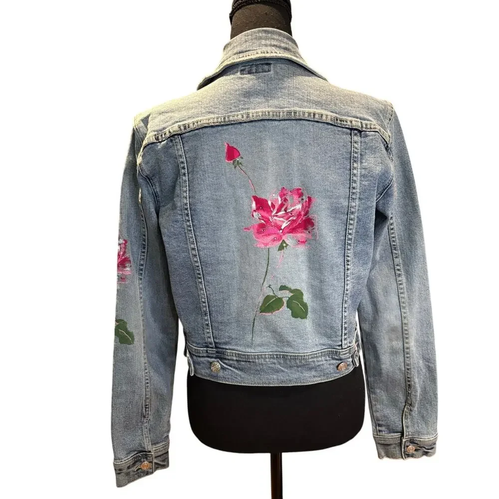 BEBE Denim Jean Jacket with Hand Painted Pink Roses Size Sm, EUC